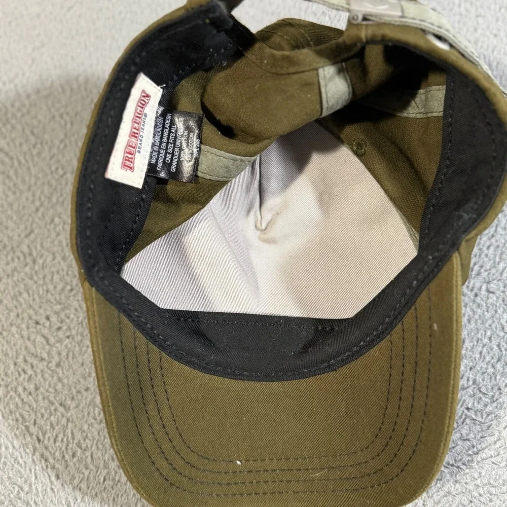 True Religion Cap Hat Green Embroidered Logo Adjustable Strap Waxed Leather Look